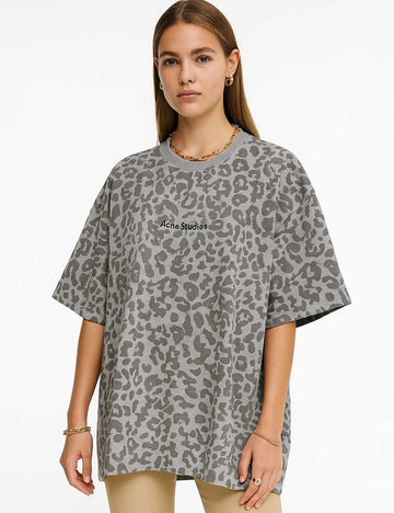 Ladies Leopard Letter Print Round Neck Short Sleeves T-Shirt