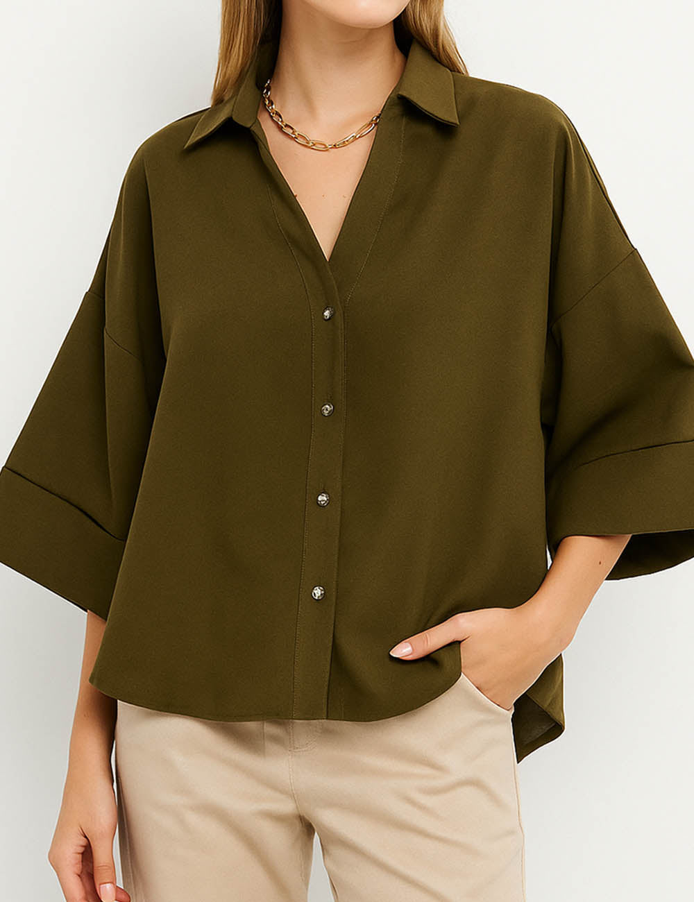 Ladies Solid Color V-Neck Button Down Folded Cuff Blouse