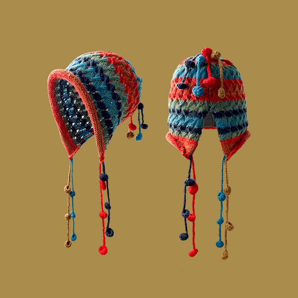 Ladies Multi Color Yarn Pom-Pom Knit Hat