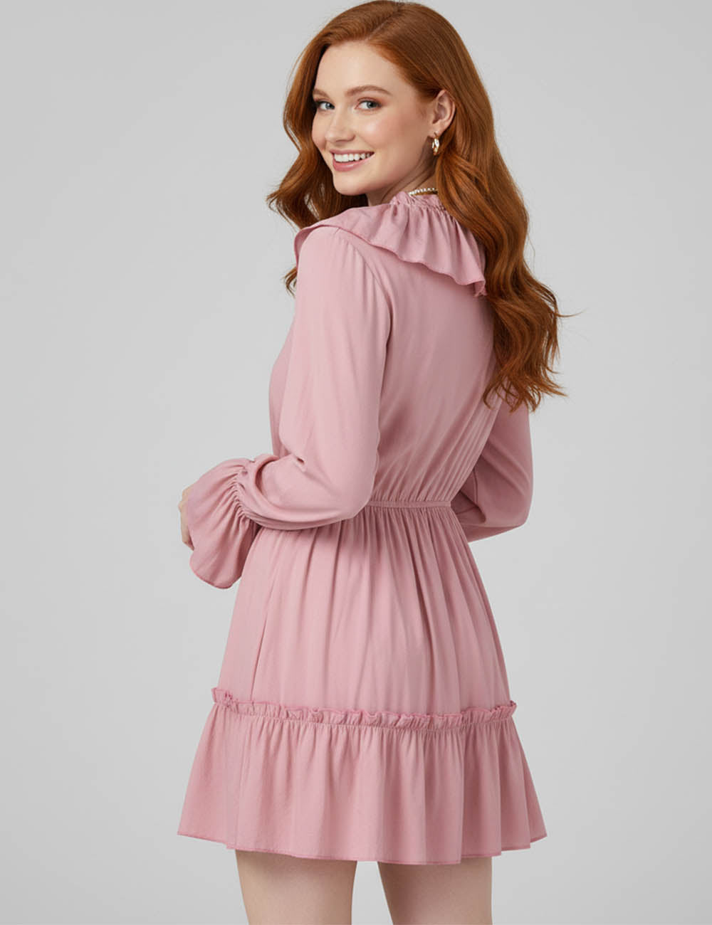 Ladies Chiffon Ruched V-Neck Ruffle Trim Mini Dress