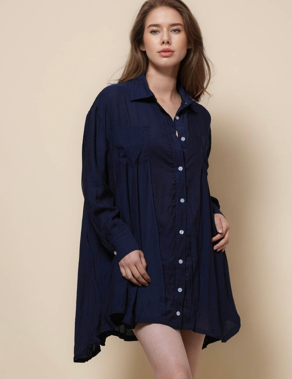 Ladies Turndown Collar Botton Down Mini Shirt Dress SKD41300