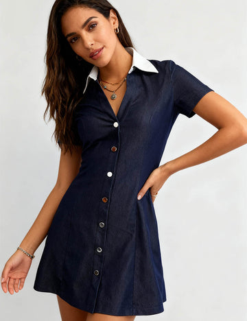 Ladies Color Block V-Neck Button Front Shirt Mini Dress