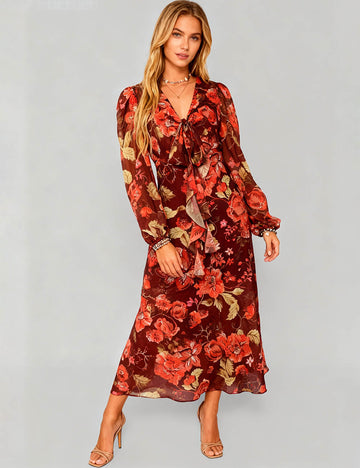 Ladies Vintage Floral Chiffion V-Neck Tie Front Midi Dress