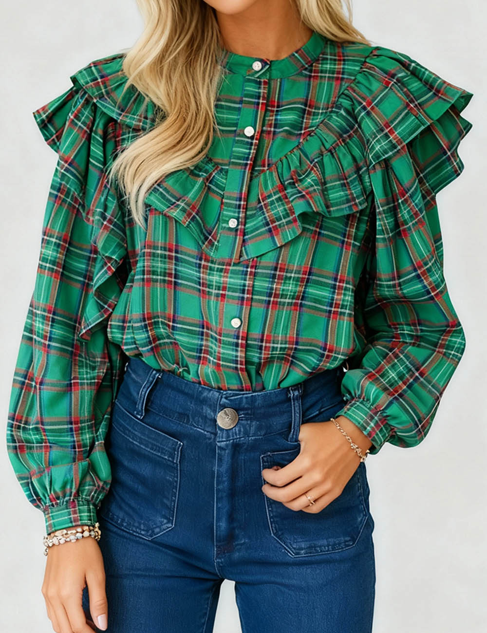 Ladies Christmas Plaid Ruffle Puff Sleeves Blouse Top