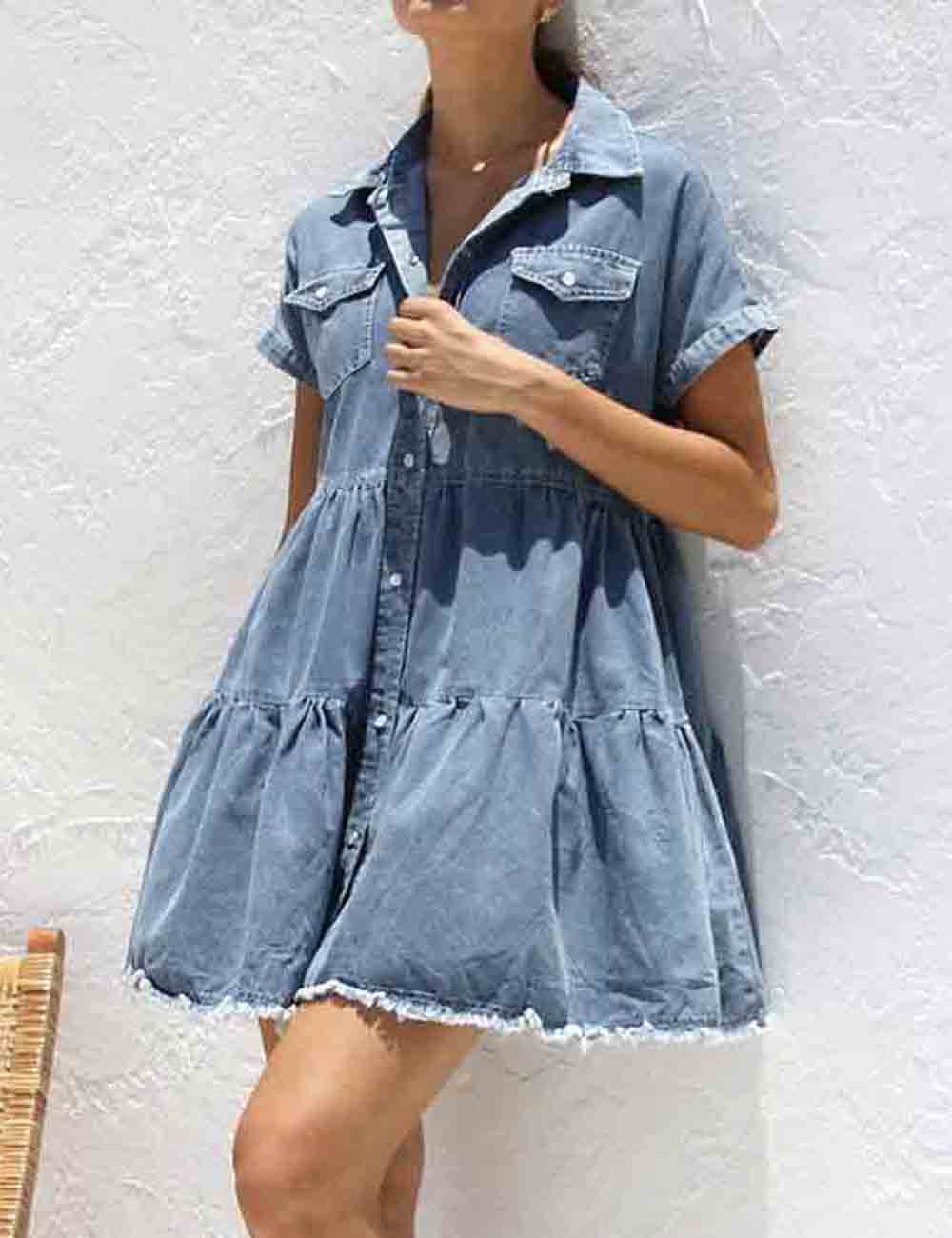 Ladies Everyday Turn-down Collar Denim Mini Dress SKD50025