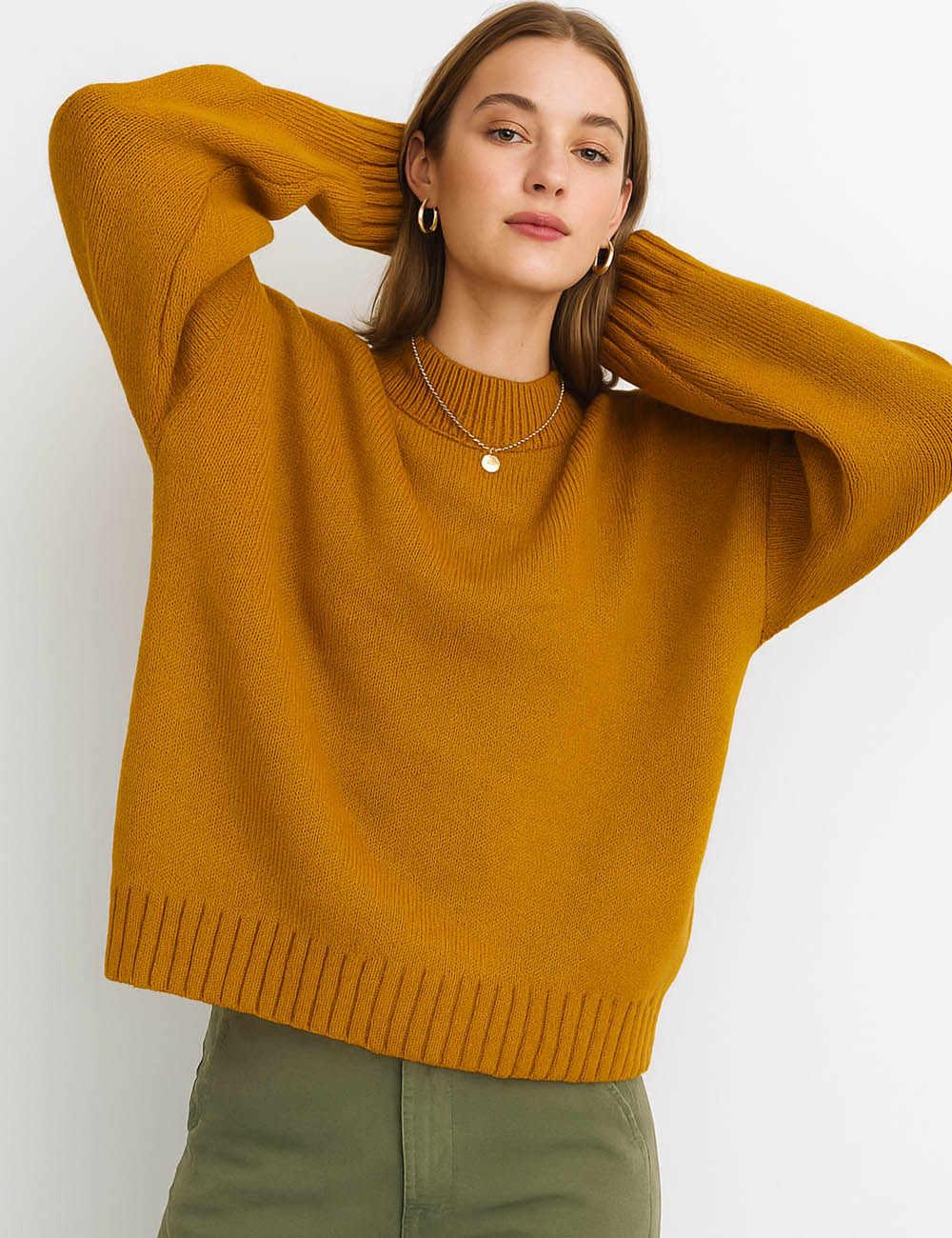 Ladies Round Neck Ribbed Hem Pullover Knit Sweater