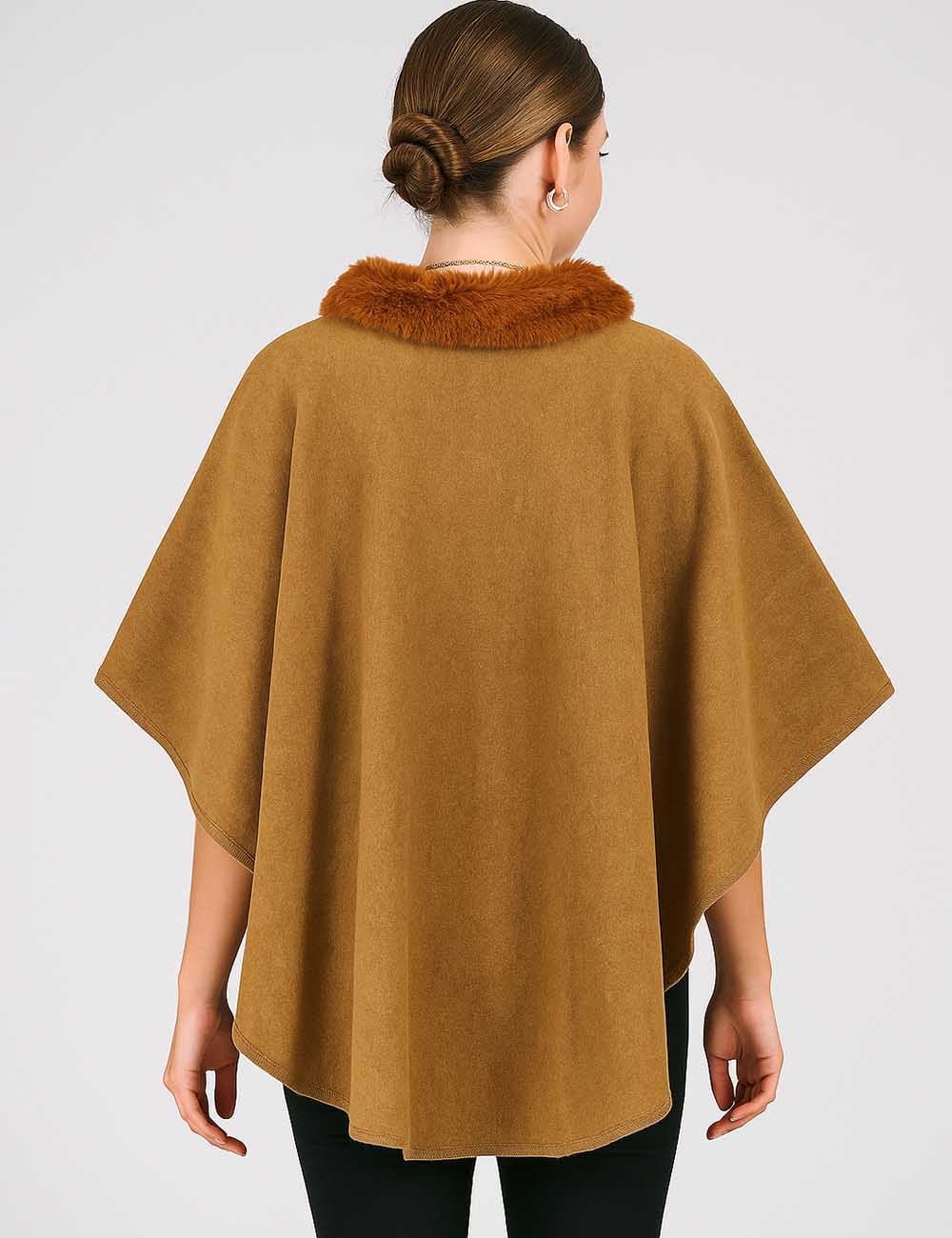 Ladies Faux Fur Collar Wool Blend Cape Cardigan Coat