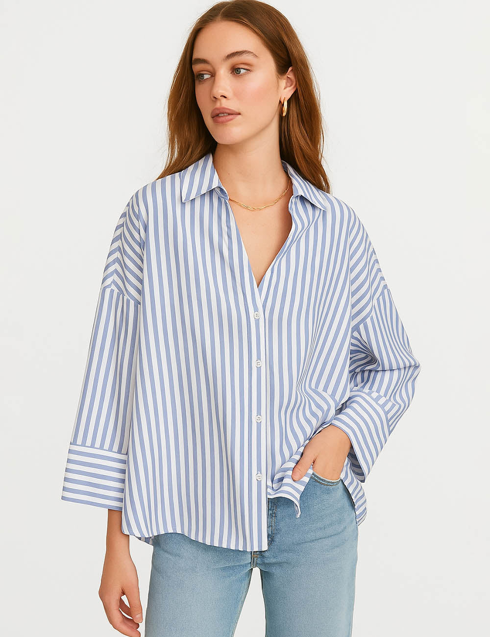 Ladies V-Neck Striped Button Down 3/4 Sleeves Blouse