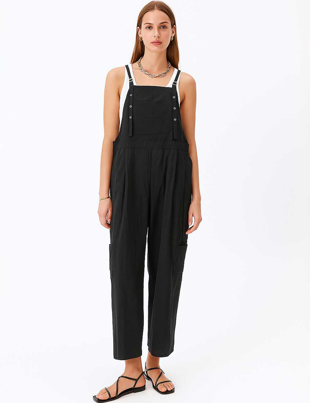 Ladies Solid Color Strap Shoulder Drawstring Wide Leg Jumpsuit