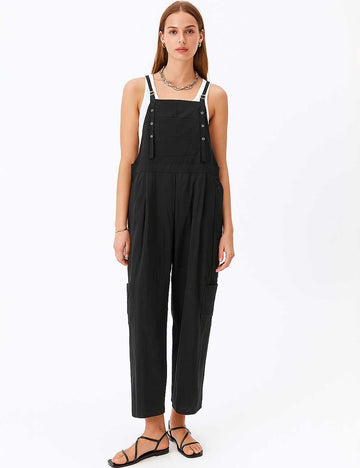 Ladies Solid Color Strap Shoulder Drawstring Wide Leg Jumpsuit