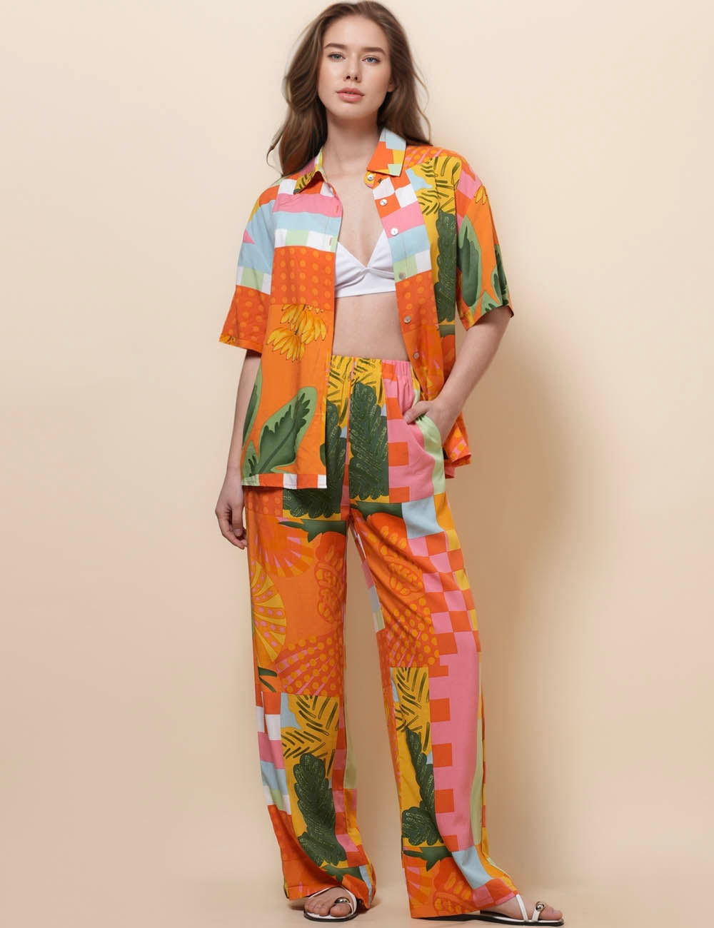 Ladies Turn Down Collar Short Sleeves Top & Pants Set SKST51033