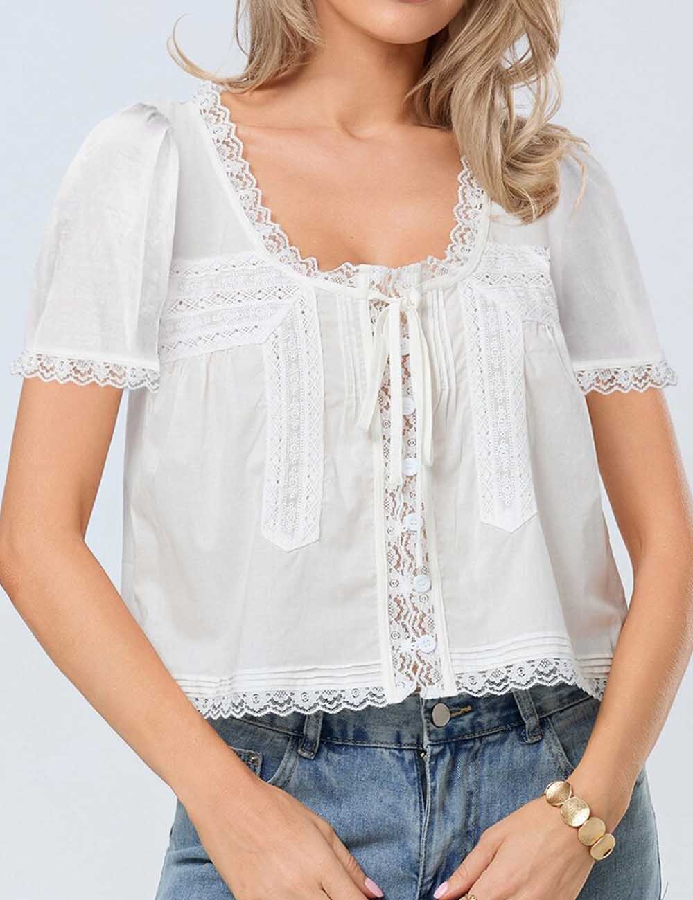 Ladies Solid Color Square Neck Lace Front Tie Top