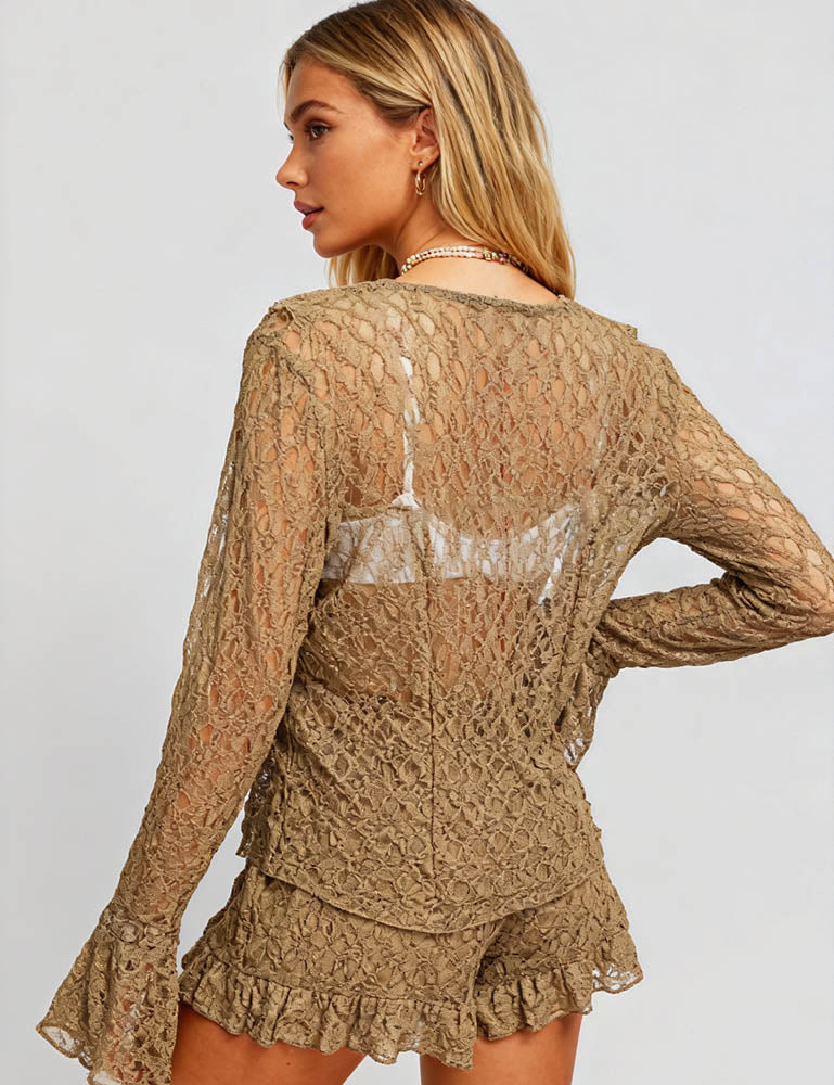 Ladies Wrinkle Sheer Lace Ruffle Tie Blouse & Shorts Set