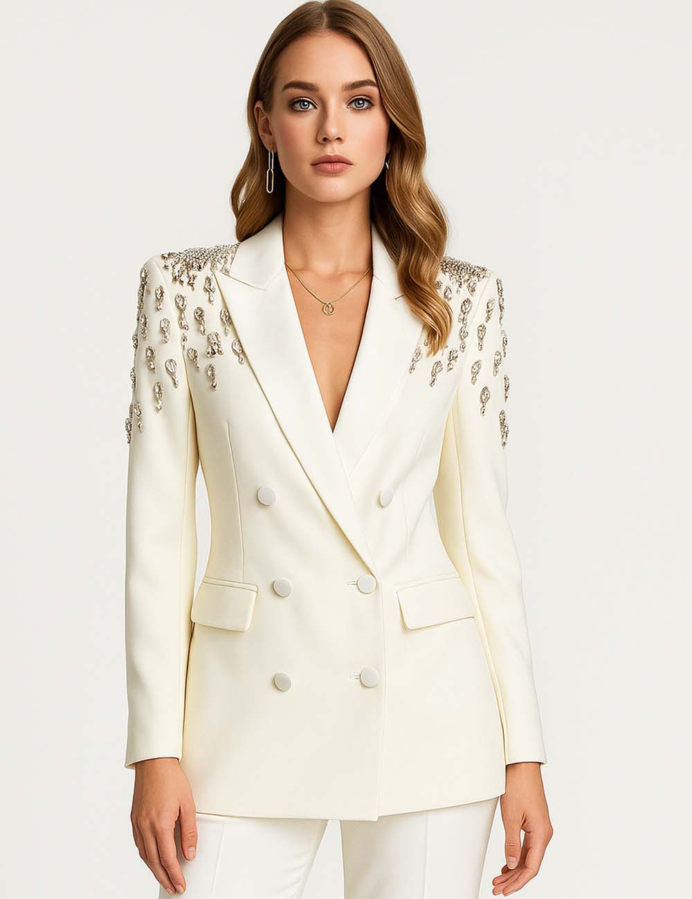 Ladies Luxurious Bead Peak Lapel Double Breast Blazer