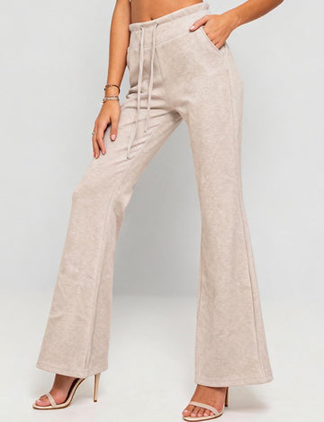 Ladies Solid Color Elastic Waist Drawstring Flared Leg Pants