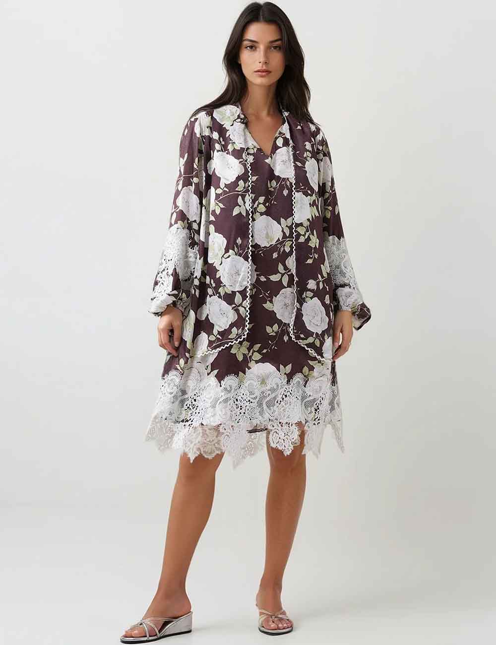 Ladies Floral Print Tie Neck Lace Trim Midi Dress