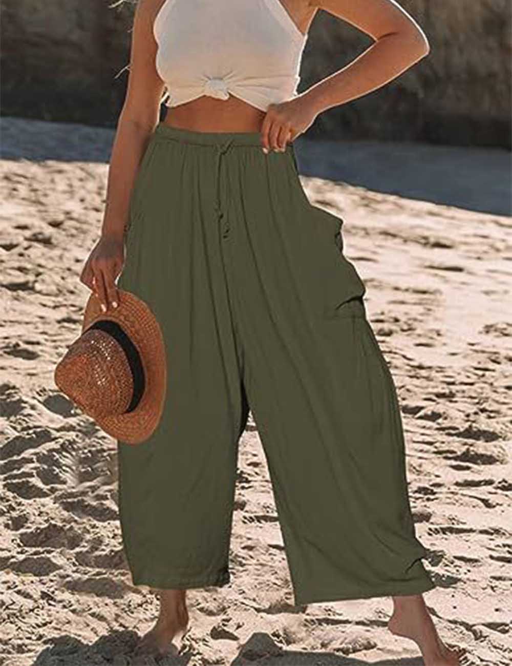 Ladies Solid Color Elastic Waist Pocket Pants SKP5KC68