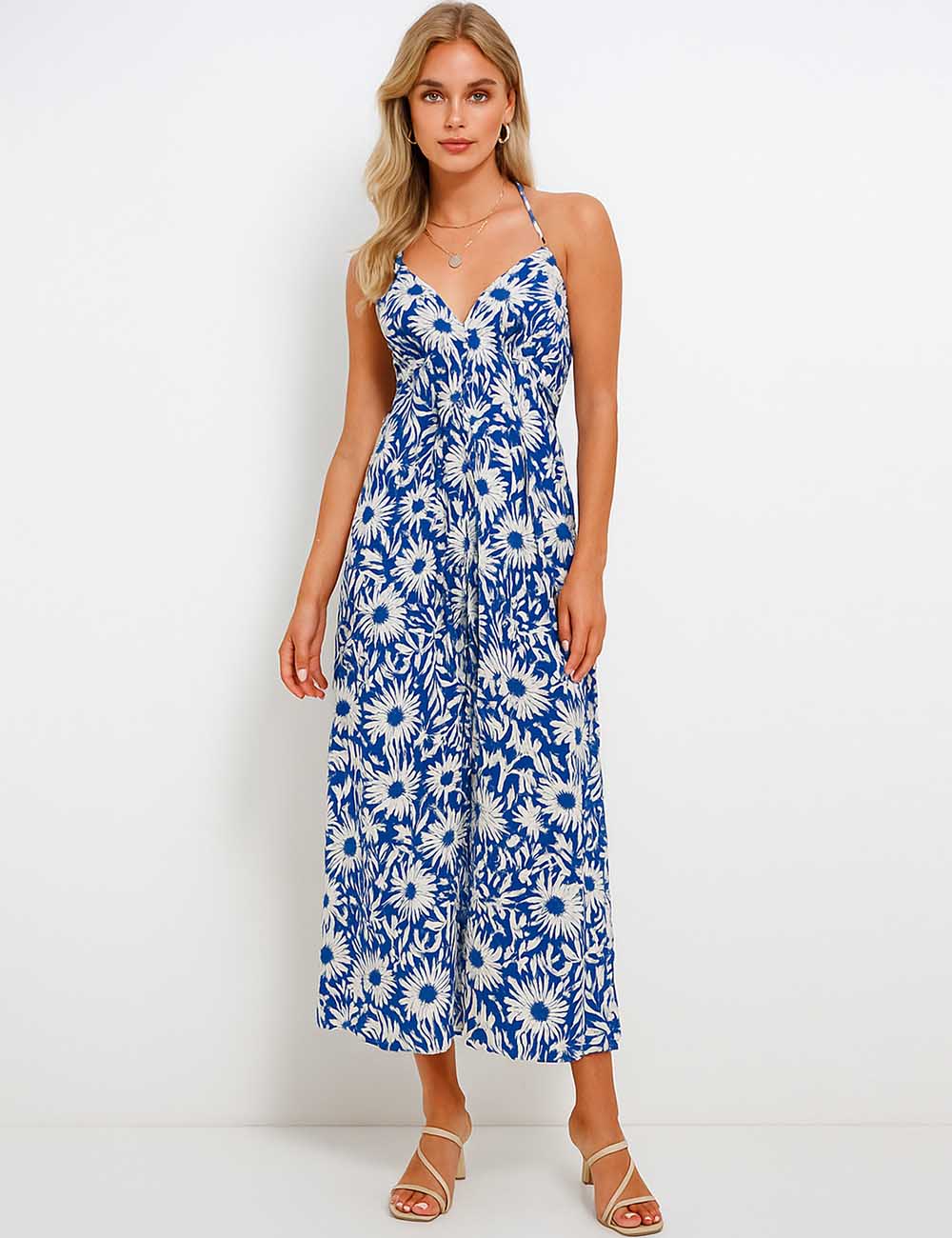 Women String Halter Bohemia V-Neck Low Back Midi Dress