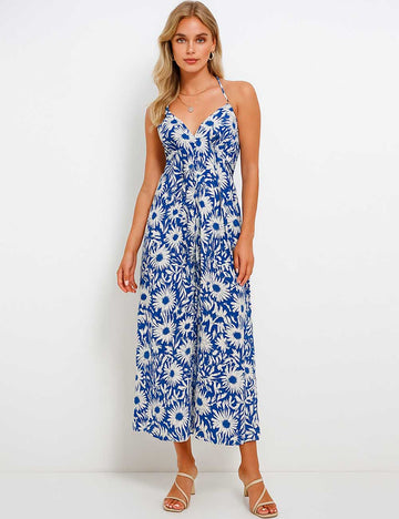 Women String Halter Bohemia V-Neck Low Back Midi Dress