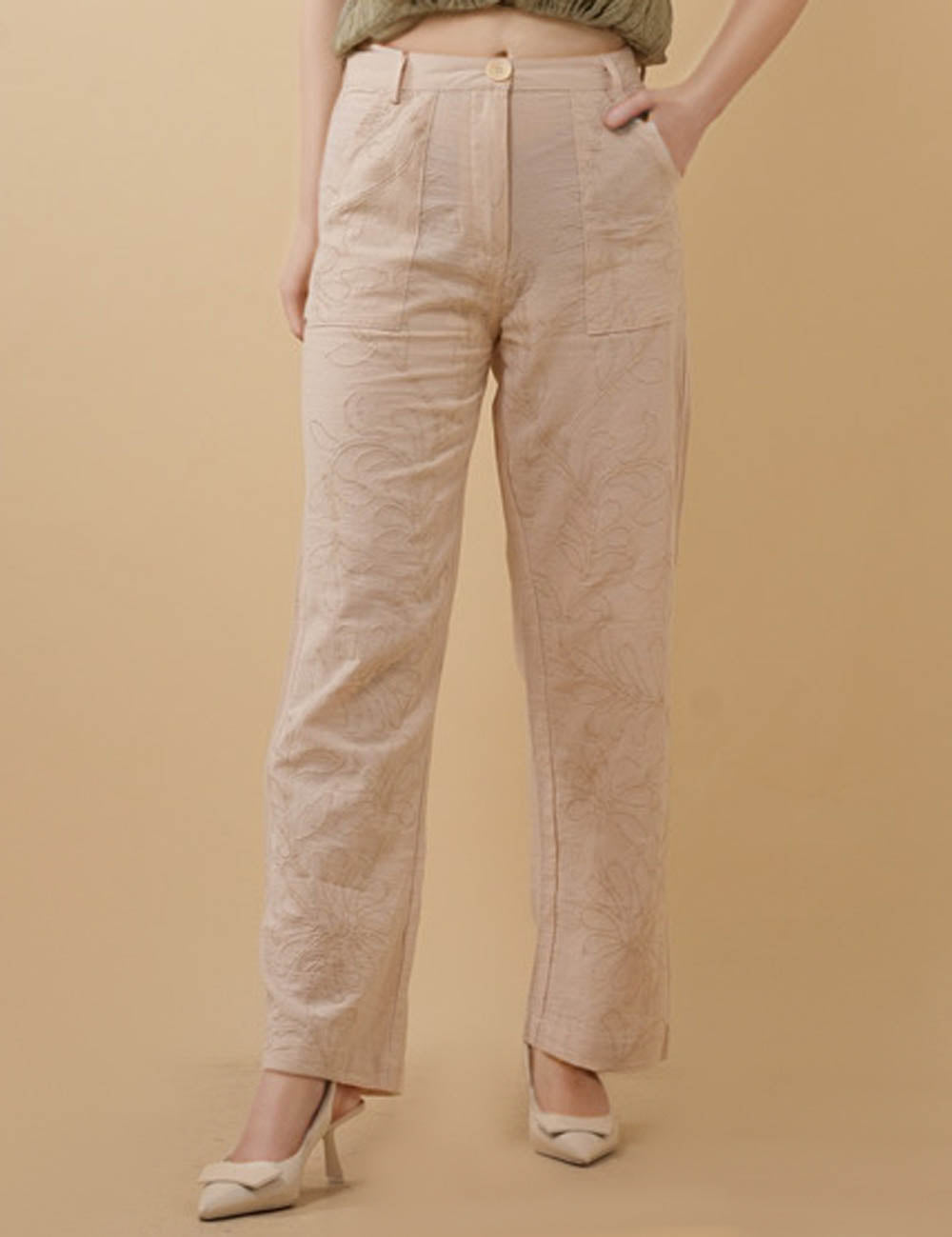 Ladies Floral Embroideries Straight Leg Pockets Pants SKP50460