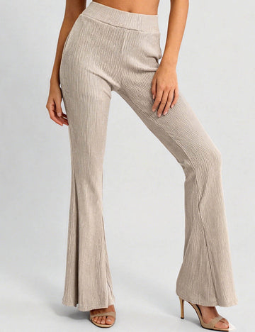 Ladies Ribbed Knit Elastic Waist Flared Leg Pants