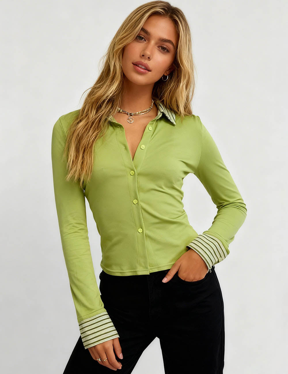 Ladies Striped Lapel Collar Button Long Sleeves Top
