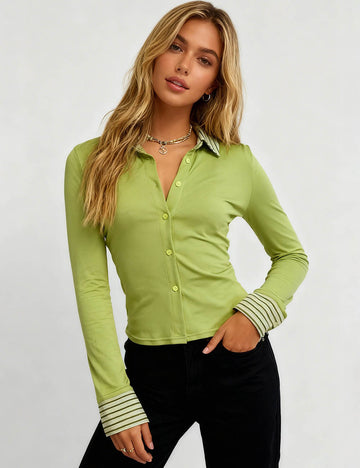 Ladies Striped Lapel Collar Button Long Sleeves Top