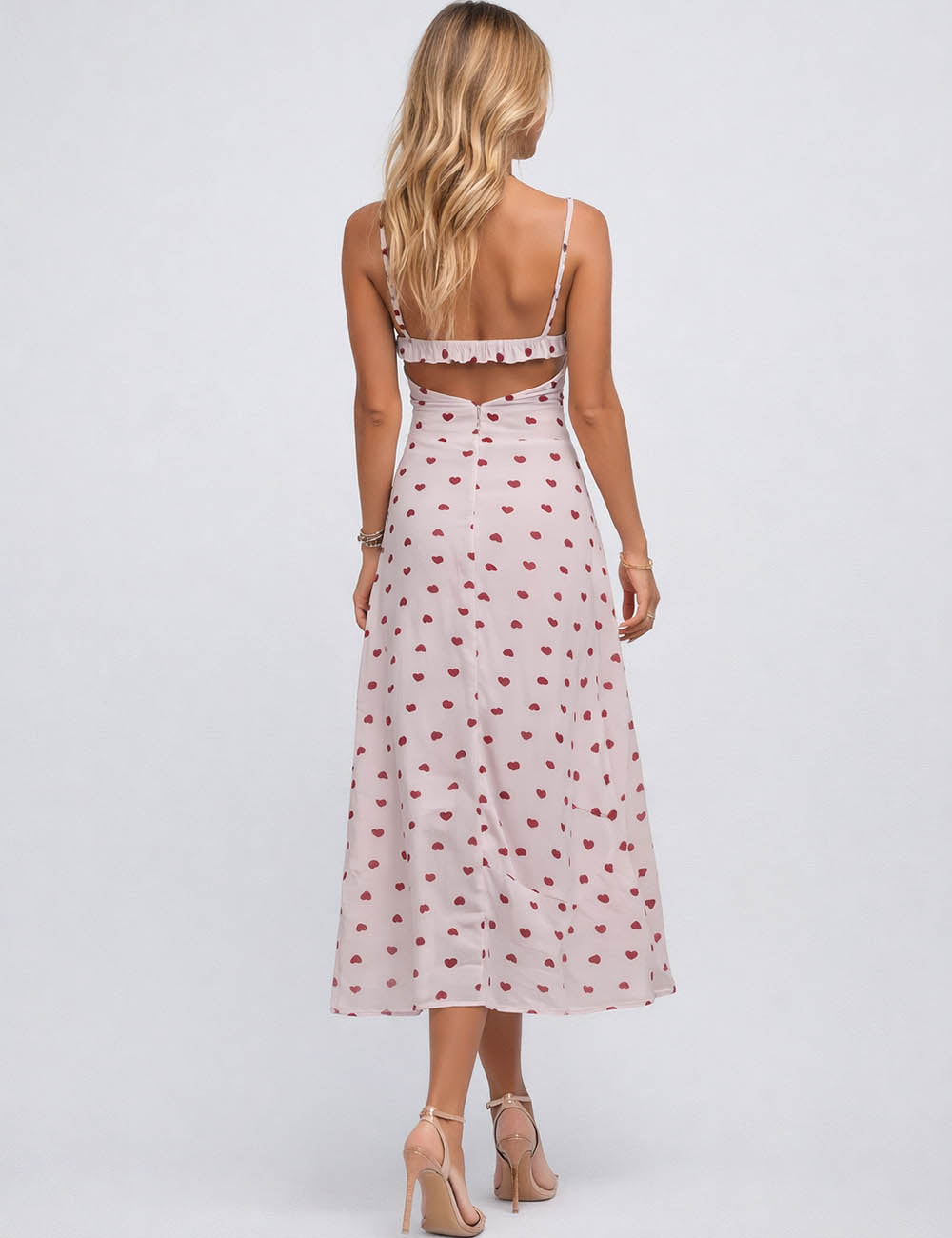 Ladies Valentine's Heart Print Lace Trim Neck Cami Midi Dress