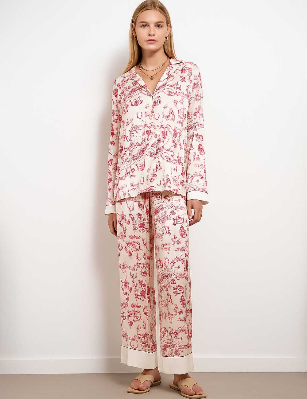 Ladies Print Button Closure Top & Pants Lounge Set SKST5K17