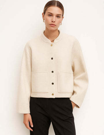 Ladies Wool Blend Stand Collar Button Front Bomber Jacket