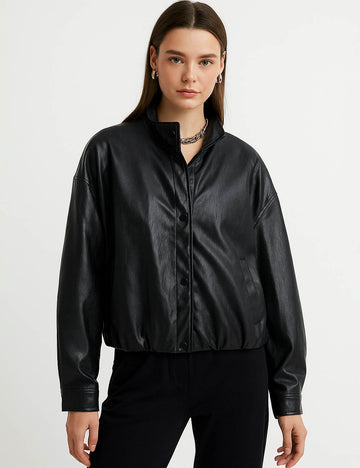 Ladies Stand Collar Button Front Long Sleeves PU Leather Jacket