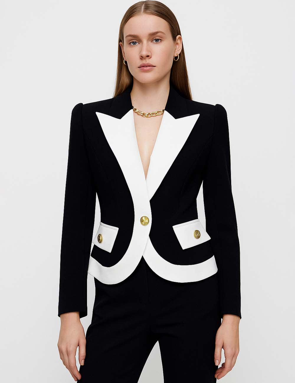 Ladies Color Block Peaked Lapel One-Button Blazer