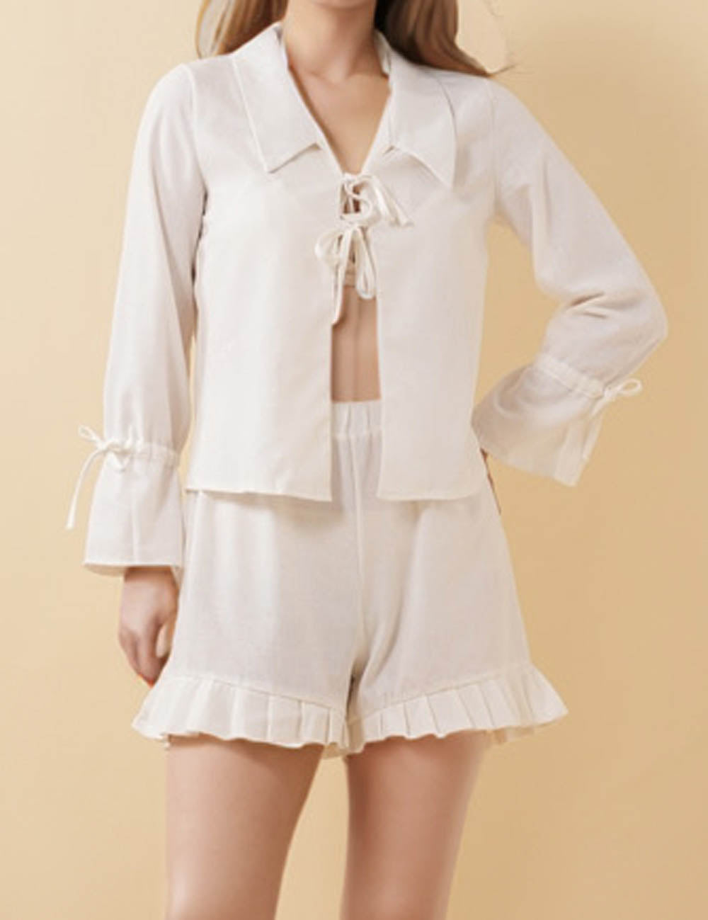 Ladies Linen Blend Ruffle String Tie Top & Shorts 2PCS Set