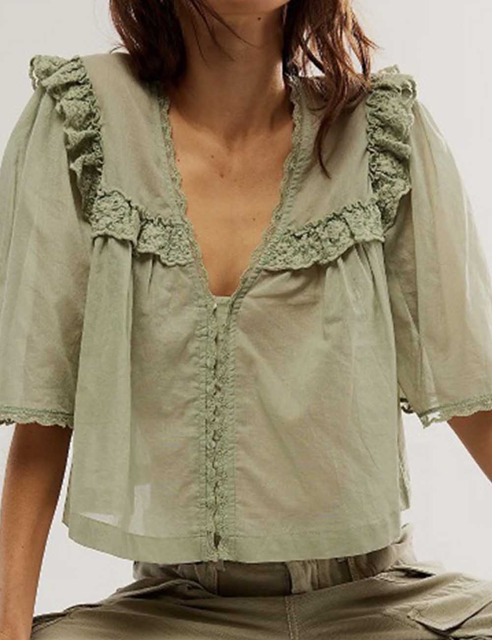 Ladies Doll Collar Short Sleeves Lace Button Blouse
