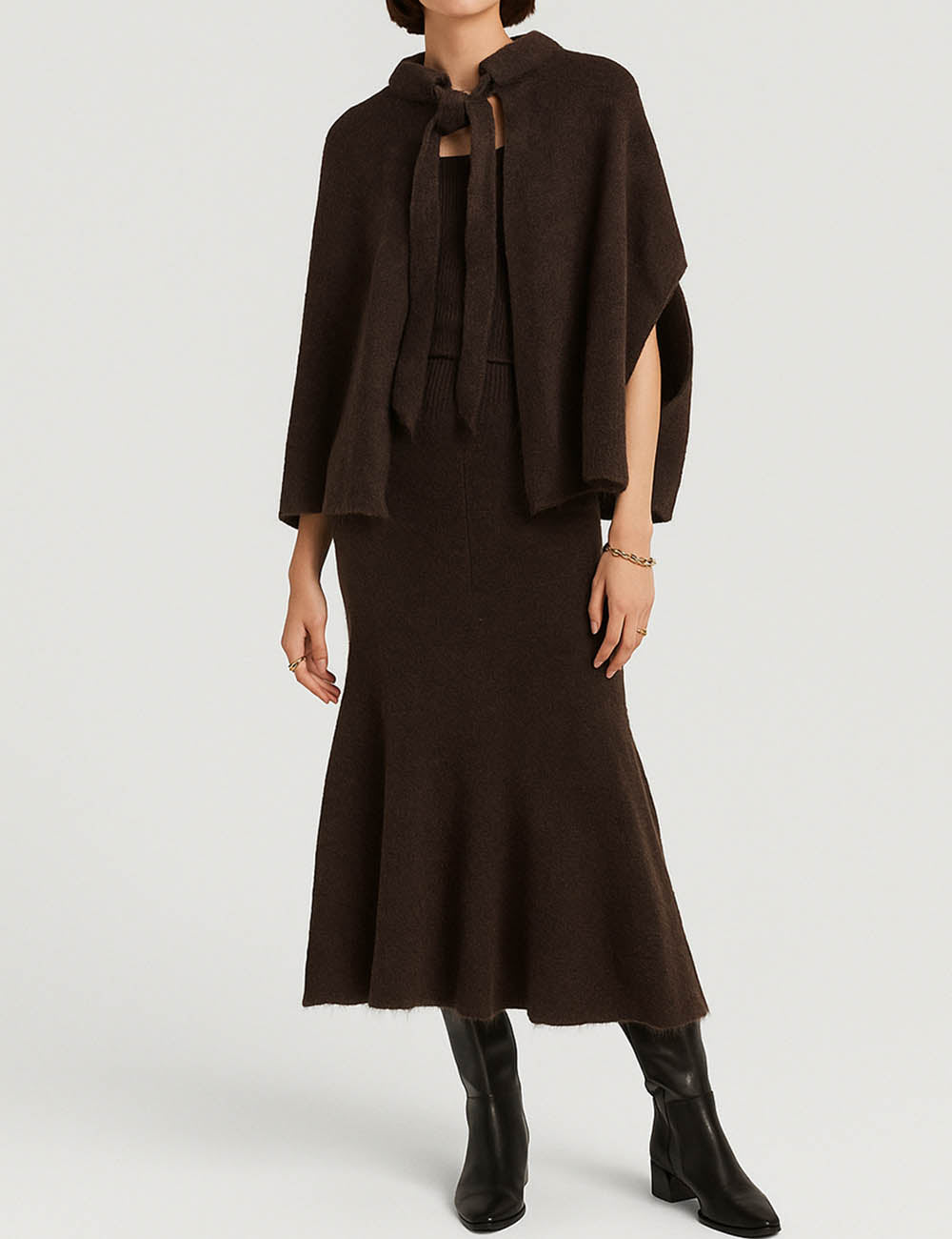 Ladies Solid Color Tie Front Sweater Knit Midi Dress & Cape Set