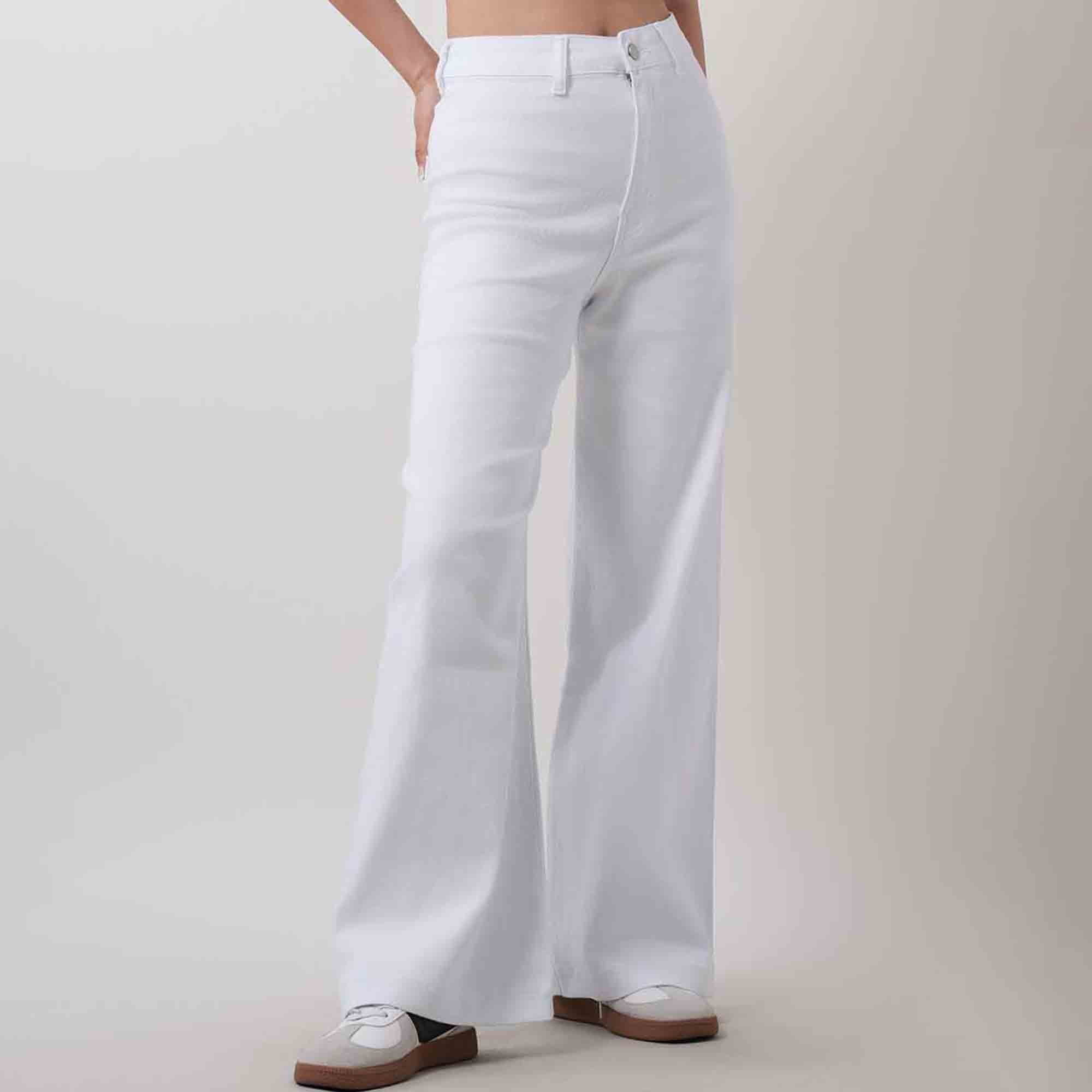Ladies Solid Color Button Wide Leg Denim Pants