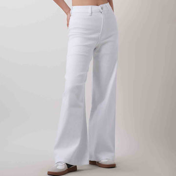 Ladies Solid Color Button Wide Leg Denim Pants