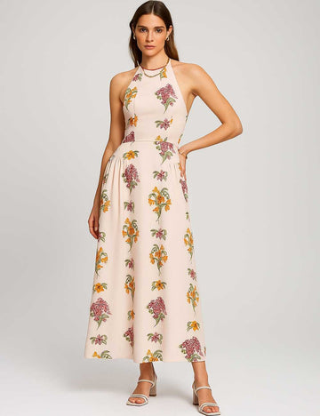 Ladies Floral Print Halter Sleeveless Maxi Dress