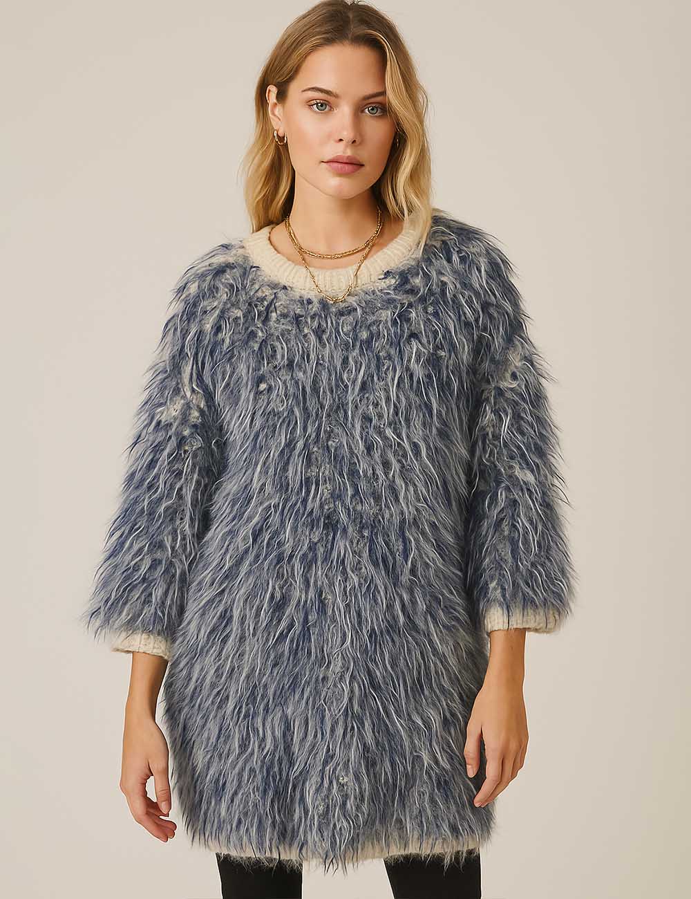 Ladies Color Block Round Neck Shaggy Knit Sweater Top