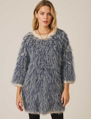 Ladies Color Block Round Neck Shaggy Knit Sweater Top