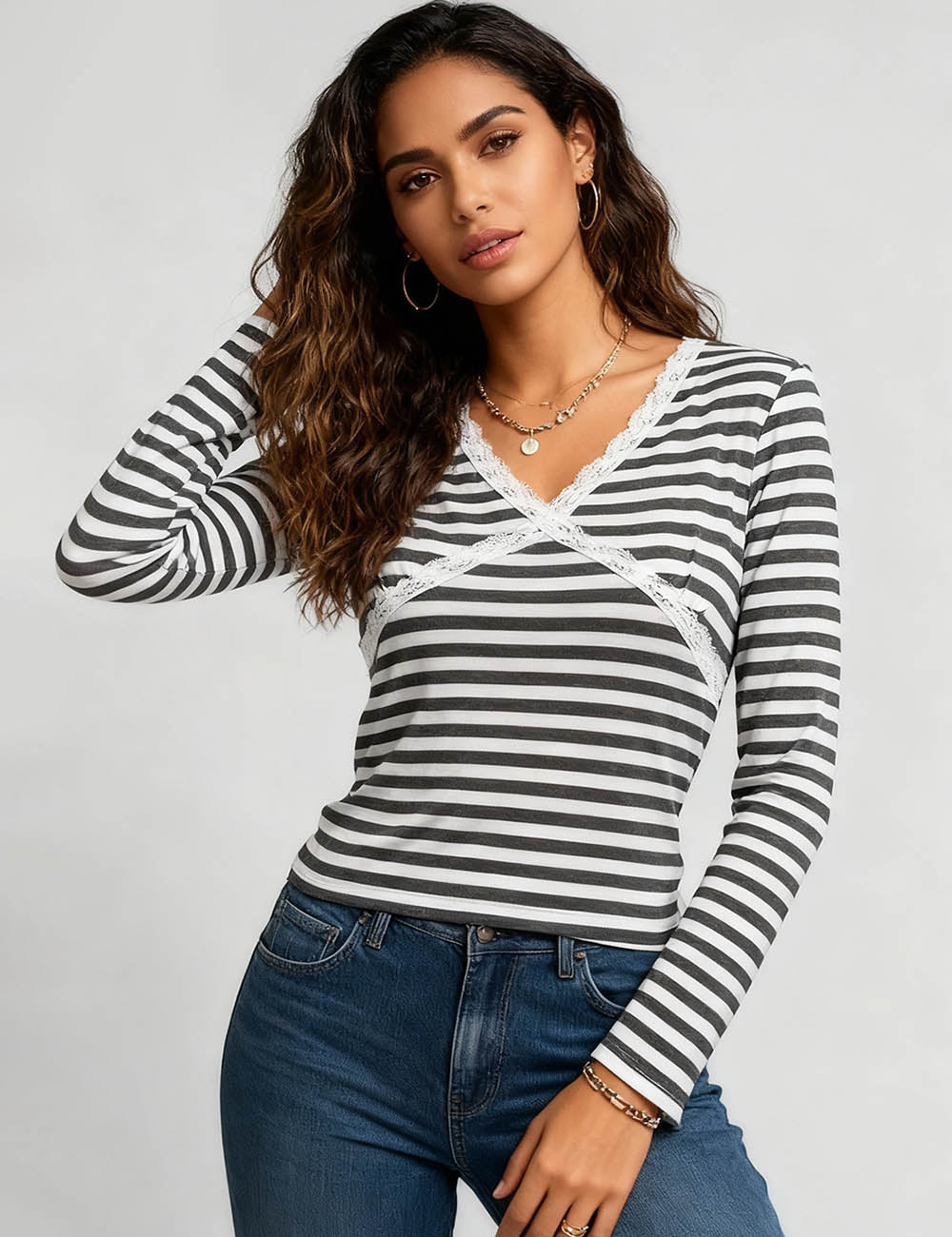 Ladies V-Neck Lace Trim Long Sleeves Top