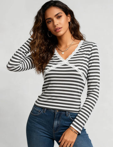 Ladies V-Neck Lace Trim Long Sleeves Top