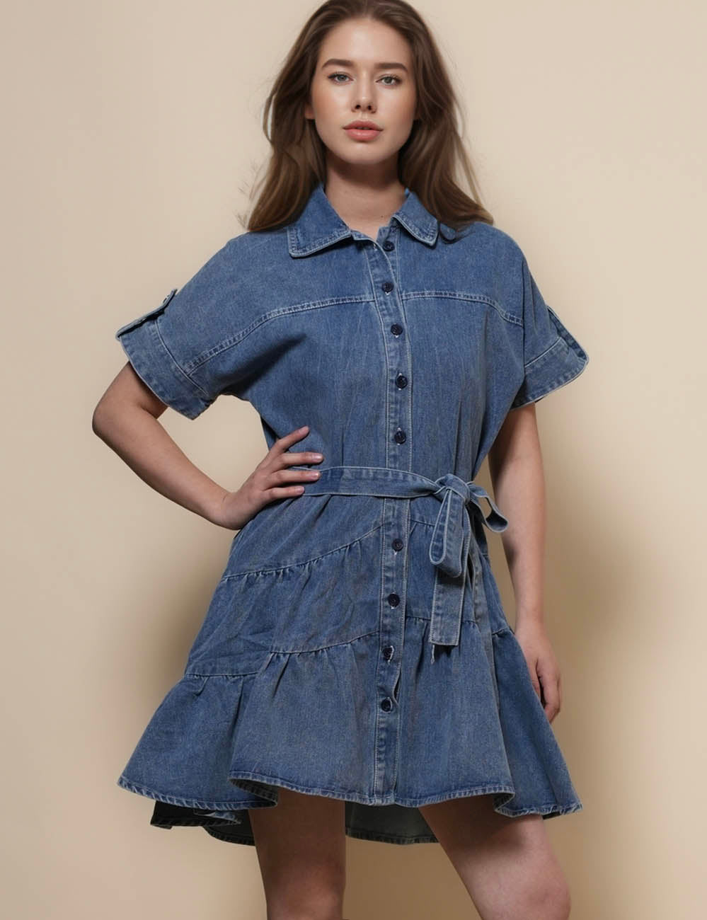 Ladies Short Sleeves Denim Mini Dress SKD50094