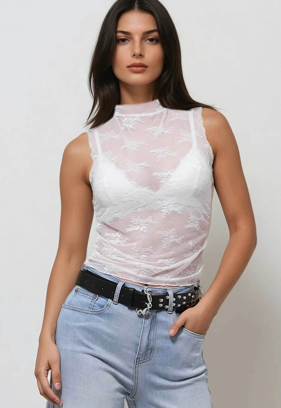 Ladies Lux Floral See Through Lace Sleeveless Blouse SKT274