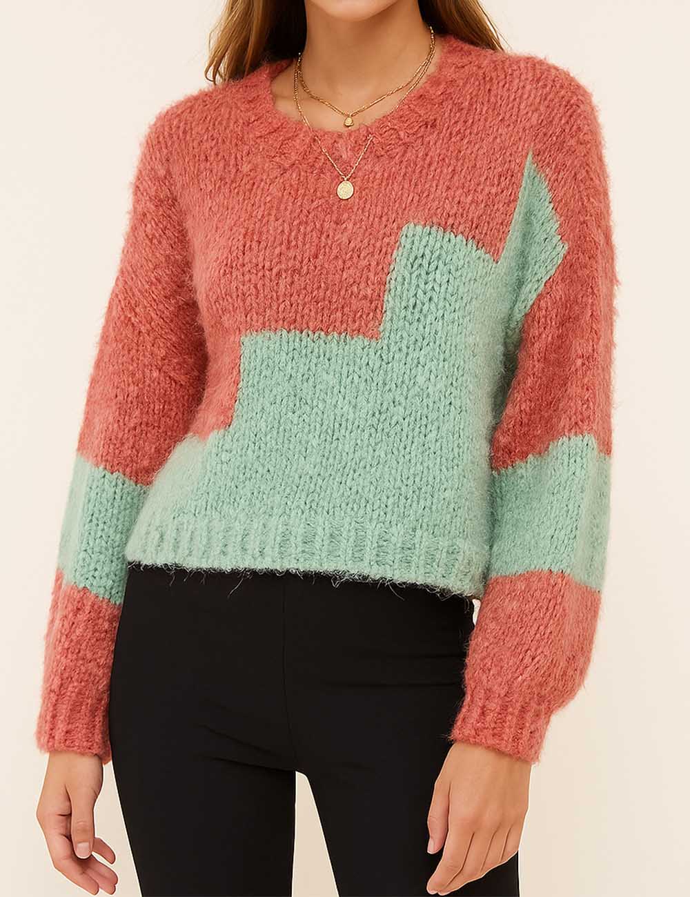 Ladies Fuzzy Knit Color Block Round Neck Sweater Top