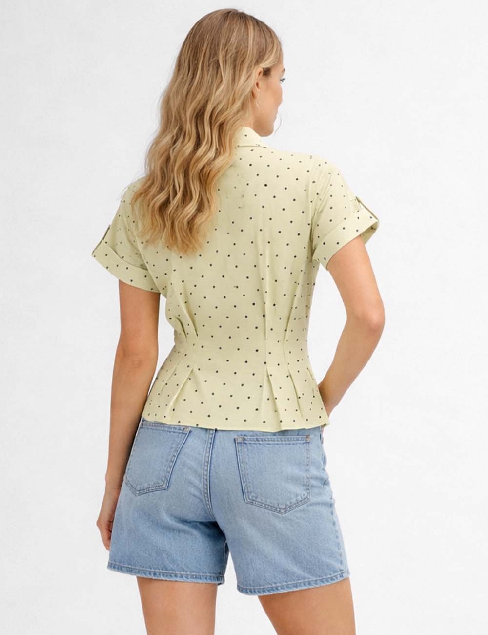 Ladies Chic Polka Dot Shirt Collar Short Sleeves Blouse