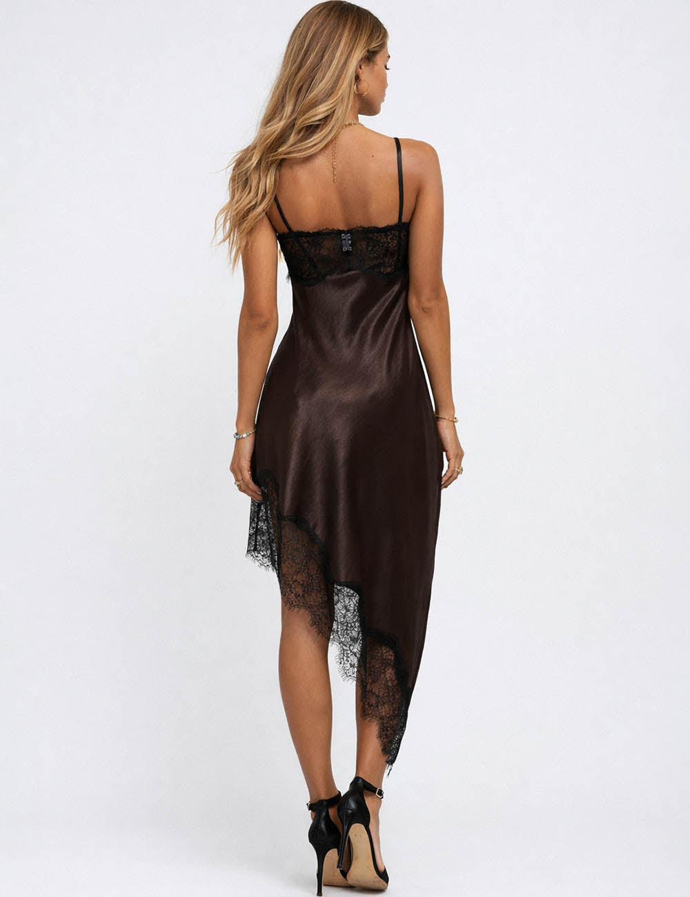 Ladies Satin Sexy Chic Lace Panel Irregular Hem Midi Dress