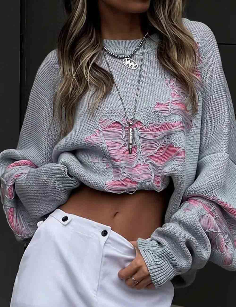 Ladies Color Block Round Neck Distressed Long Sleeves Sweater
