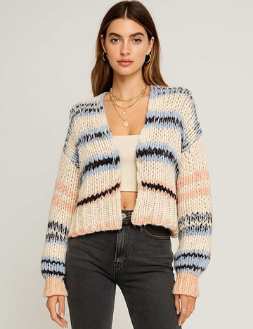 Ladies Multi Color Striped Open Front Chunky Knit Cardigan