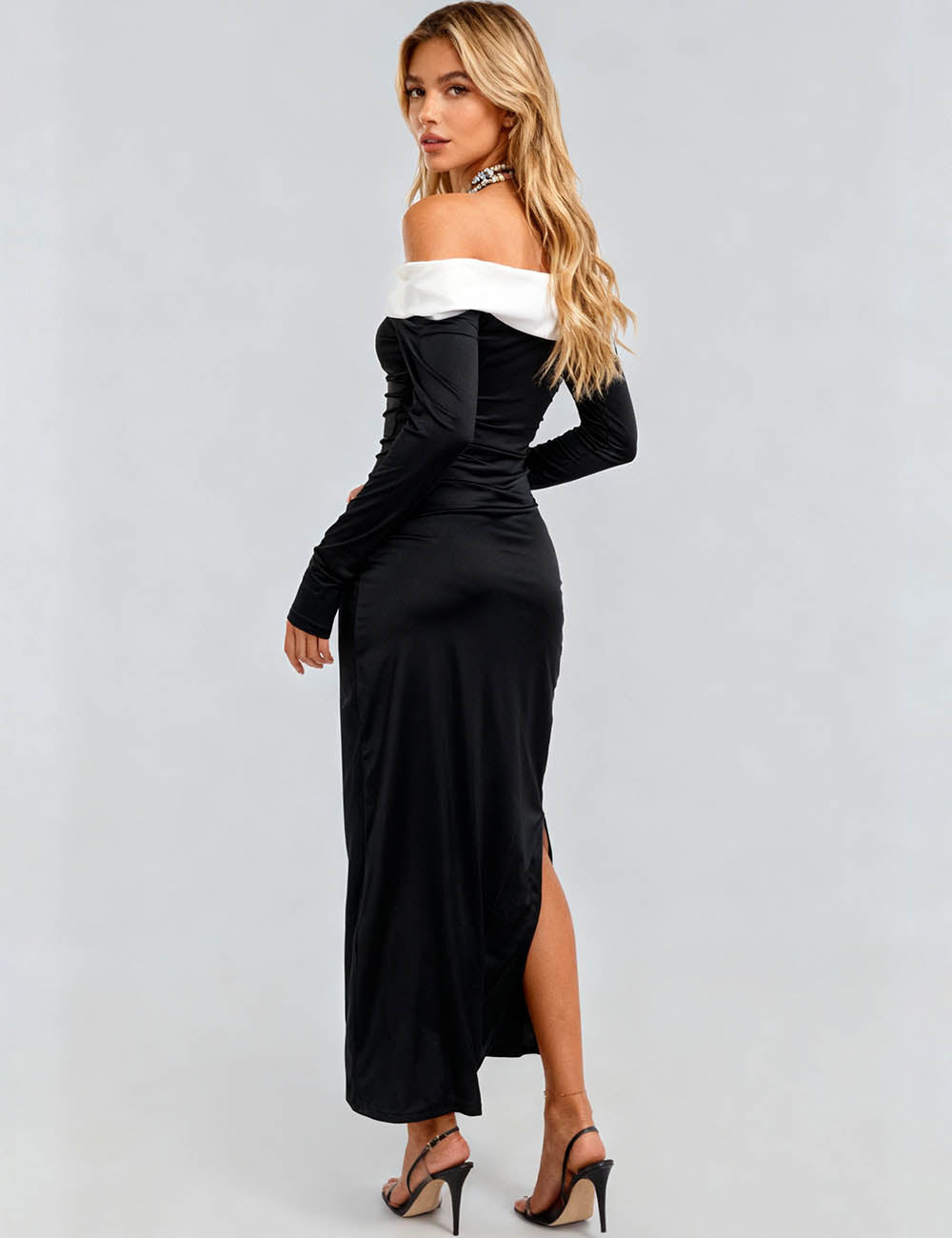 Ladies Color Block Off-Shoulder Ruched Bodycon Midi Dress